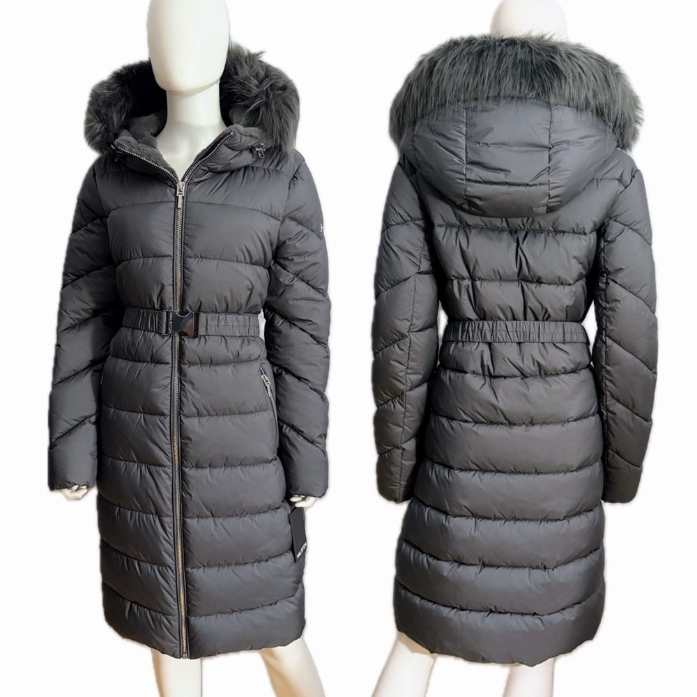 NWT H by HALSTON Women's‎ Quilted Puffer Belted Jacket Removable Faux Fur Hood